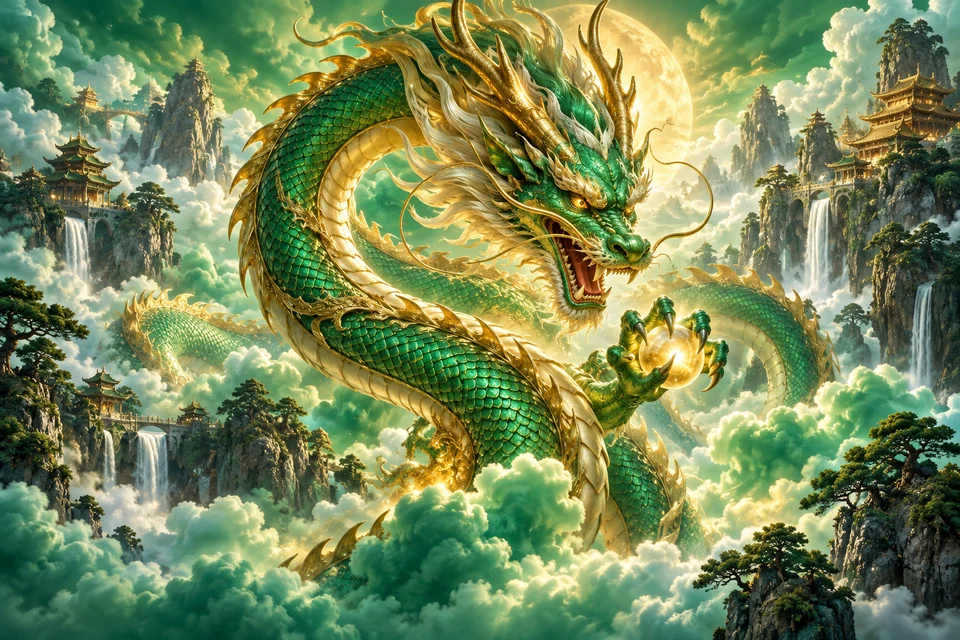 翡翠神龍盤旋於雲海龍宮